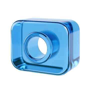 Blue transparent plastic camera icon with lens aperture