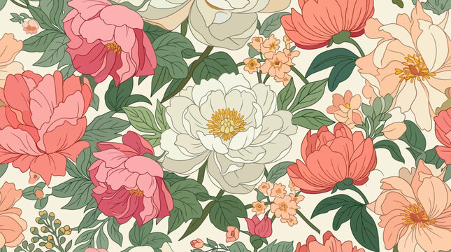 Motivo floreale senza cuciture con peonie rosa, bianche e pesca, foglie verdi e piccoli fiori su sfondo color crema, design botanico elegante in stile illustrativo vintage.