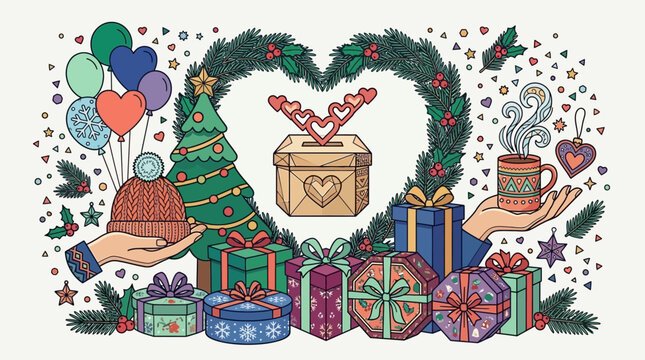 Ilustraci&oacute;n festiva de Navidad con manos sosteniendo regalos, un &aacute;rbol decorado, una urna de donaciones en forma de coraz&oacute;n, globos y una taza de bebida caliente sobre fondo blanco