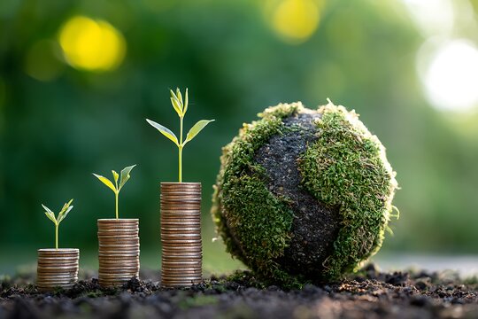 Green Globe with world map and stack of silver coins the seedlings are growing on top. Concept of Green business, finance and sustainability investment. Carbon credit. money saving investment.