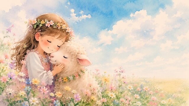 花畑で羊を優しく抱きしめる少女 水彩イラスト