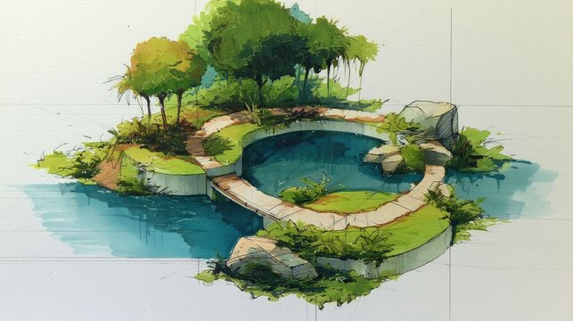 Artistic watercolor illustration of a circular backyard swimming pool surrounded by trees and greenery, with rocks and a stone pathway