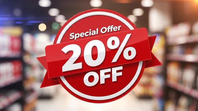  20 Percent Off Discount Sale Badge Animated Motion Graphic. 20 Percent Off Red Promo Sticker Animation. Special Offer 20% Off Graphic Element for Retail Sale Marketing 4k 