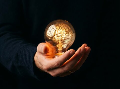 Human hands holding glowing light bulb with brain inside.