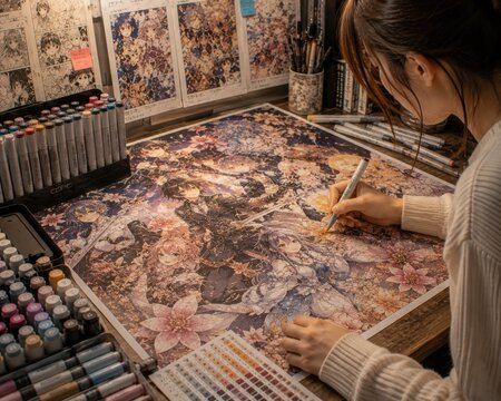 Anime Illustrator Coloring Fantasy Poster Artwork With Markers In Bright Studio