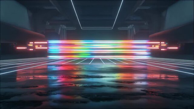 Glitch animation of a futuristic neon-lit corridor with data corruption effects