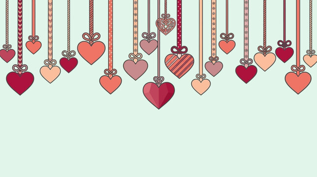 Sfondo decorativo con cuori rossi e rosa appesi a nastri colorati, perfetto per celebrare San Valentino, anniversari, matrimoni o messaggi romantici in stile grafico moderno.