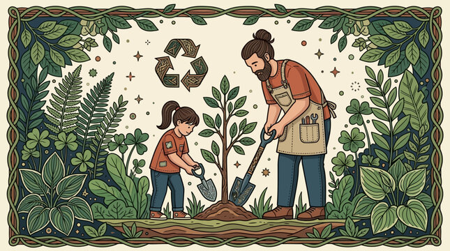 Illustrazione artistica di un padre con la figlia che piantano un giovane albero insieme in un giardino rigoglioso, circondati da piante e un simbolo di riciclo, stile grafico decorativo.