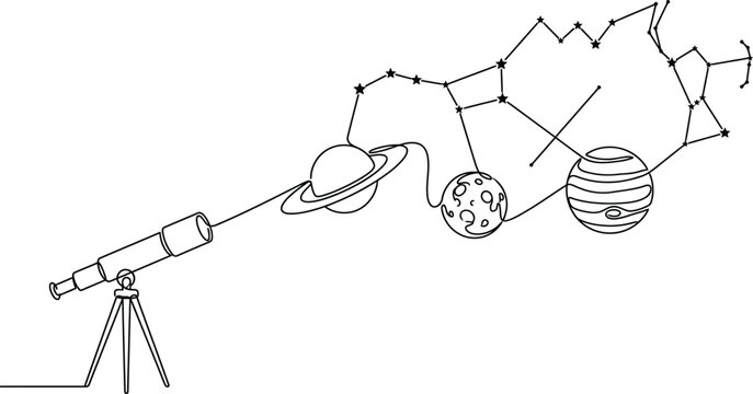 Simple line drawing of a telescope on a tripod pointing to planets and a starry constellation in a minimalist astronomy themed illustration with educational elements.