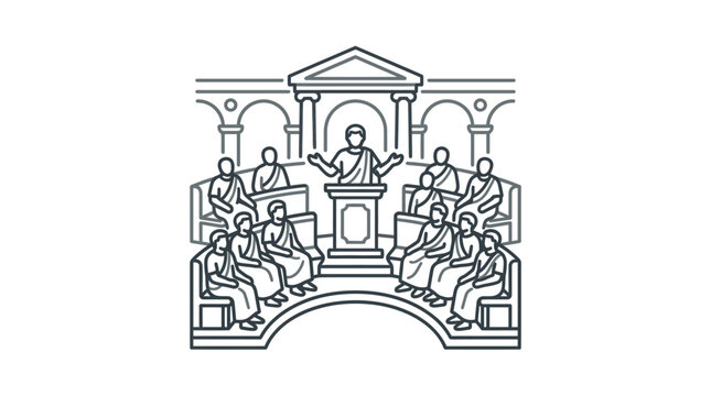 Line art of ancient Roman senate assembly session.