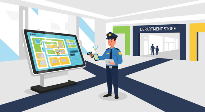 Security guard using digital map kiosk in modern shopping mall near department store entrance