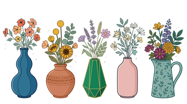 Set di cinque vasi decorativi colorati contenenti variopinti bouquet di fiori di campo e piante verdi in stile illustrazione piatta su sfondo bianco isolato