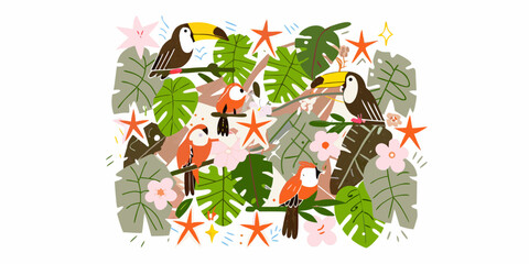Obraz premium Tropical birds and foliage colorful vector illustration on a white background