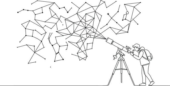 A man with a backpack looks through a telescope at a starry night sky filled with constellations and geometric patterns.
