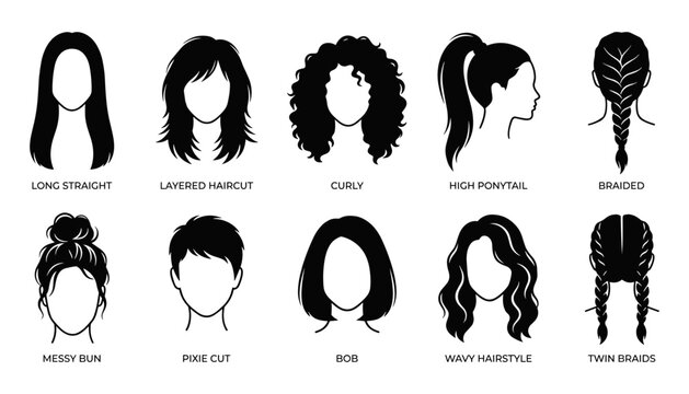 Woman hairstyles and haircuts vector silhouettes set with front and profile views