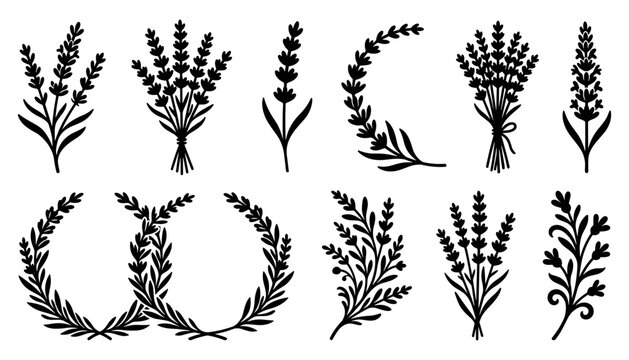 Lavender flower branches and wreaths vector silhouettes set