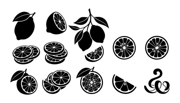 Lemon fruit vector silhouettes set with fresh citrus slices leaves and peel