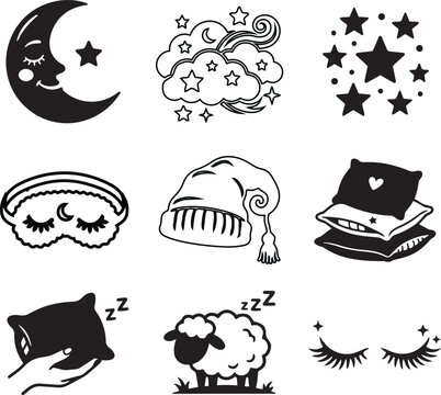 Sleep Icons Set, Moon And Stars, Night Time Symbols, Bedtime Elements, Pillow And Sheep, Dreamy Vector Illustration, Black White Design, Sleeping Mask, Night Cap