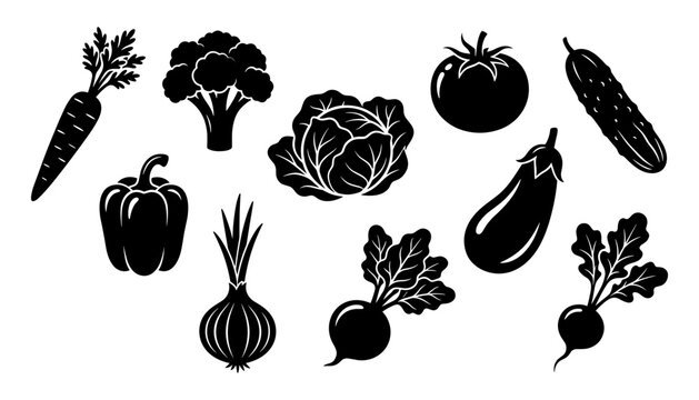 Fresh vegetables silhouette icons set with organic carrot tomato and broccoli