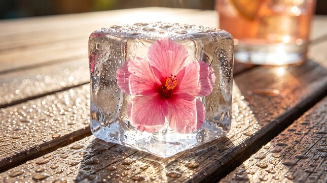 Single pink hibiscus flower frozen inside transparent ice cube on wooden table in sunlight closeup.