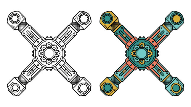 Illustrazione vettoriale di un componente meccanico a forma di X con design tecnico, che mostra sia una versione in bianco e nero che una versione colorata con dettagli stilizzati.