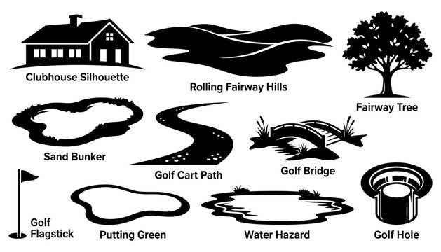 Golf course elements silhouettes set with clubhouse fairway hills and sand bunker