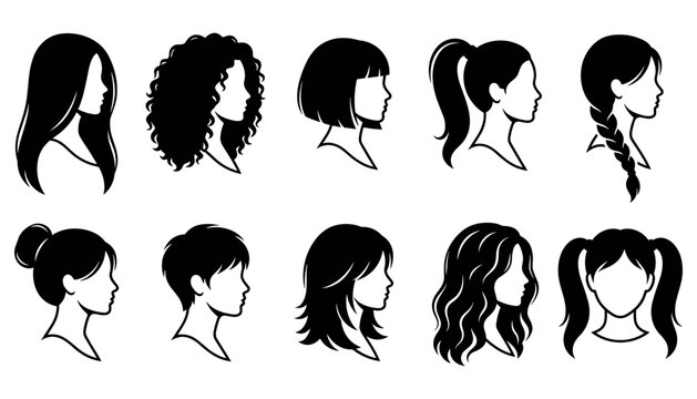 Woman hairstyle silhouettes set with different female haircuts in profile view
