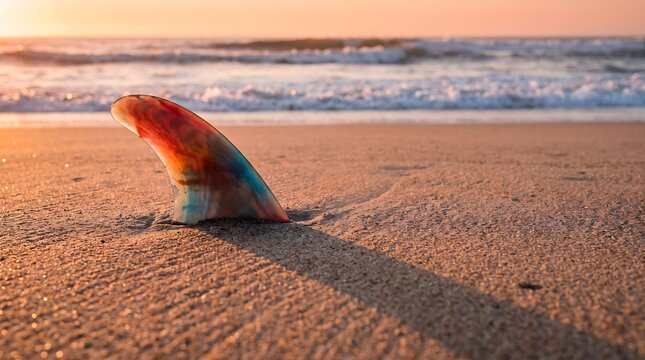 Colorful surfboard fin standing upright in golden sand at peaceful beach during beautiful sunset time.