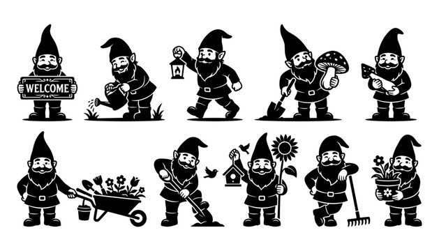 Garden gnomes vector silhouettes set with cute dwarf characters gardening