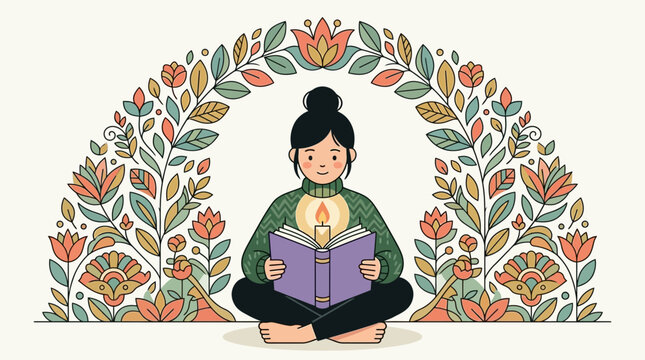Illustrazione vettoriale di una giovane donna seduta a gambe incrociate che legge un libro aperto con una candela accesa, circondata da un arco decorativo di fiori e foglie colorate in stile folk