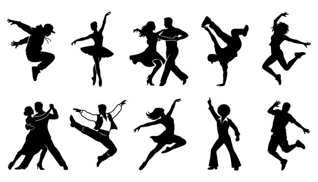 Dancing people silhouettes set with ballet hip hop breakdance and ballroom dancers