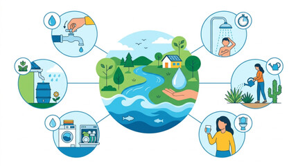 Naklejka premium Vector illustration depicting the water cycle and its uses, showing conservation and daily activities like showering, watering plants, and washing clothes, all centered around a vibrant