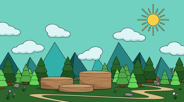 Illustrazione vettoriale di un podio in legno posizionato in un paesaggio boschivo stilizzato con montagne, alberi di pino, un sentiero tortuoso e un sole luminoso nel cielo azzurro.