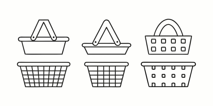 Line art icons of shopping baskets and picnic hampers on white