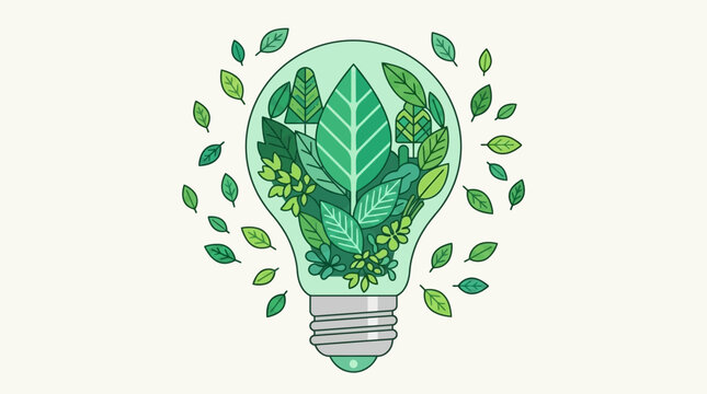 Eine Gl&uuml;hbirne gef&uuml;llt mit gr&uuml;nen Bl&auml;ttern und Pflanzen, die erneuerbare Energie und &Ouml;kologie symbolisiert.