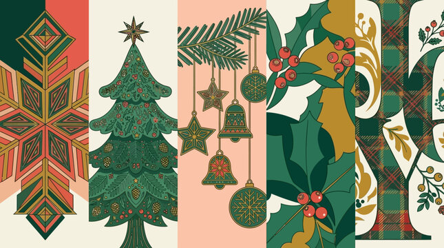 Set di cinque banner verticali natalizi con illustrazioni grafiche di alberi di Natale, agrifoglio, decorazioni pendenti e motivi geometrici in stile vintage elegante
