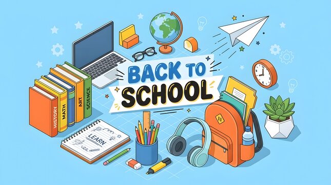 Back to school isometric background with stationery and school supplies