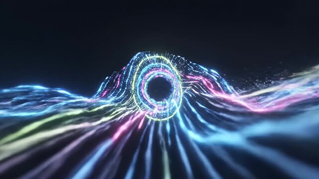 Abstract Neon Light Tunnel Vortex - A colorful vortex of neon rings and particles draws the viewer into a dark, cosmic abyss.