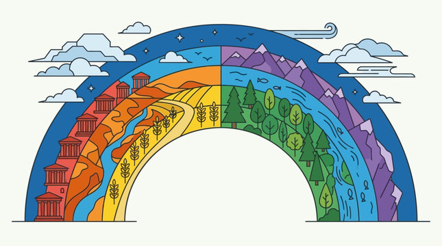 虹の形をしたカラフルなイラストレーションで、古代の建築物、黄金の麦畑、深い森、そして雄大な山々が描かれた、自然と文明の調和を表現したフラットデザインのグラフィック素材です。
