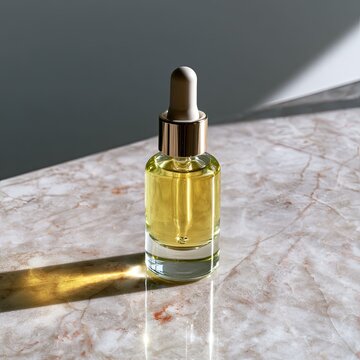 Clear glass dropper bottle filled with yellow liquid on marble surface with sharp shadow