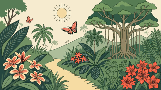 Ilustraci&oacute;n vectorial de un paisaje de selva tropical con un camino serpenteante, &aacute;rboles ex&oacute;ticos, flores vibrantes, mariposas volando y un sol brillante en un estilo art&iacute;stico plano.