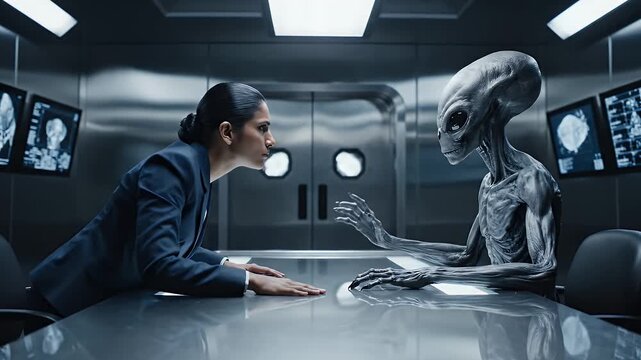 Human and Alien Interaction in Futuristic Setting - A woman in a suit leans forward across a table, reaching towards an alien creature in a stark, futuristic room.