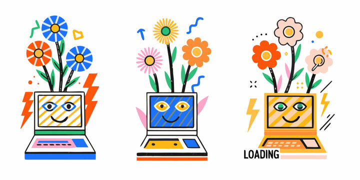 Laptop computers with floral arrangements colorful vector illustration