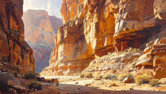 Desert canyon landscape with rocky cliffs and sandy terrain