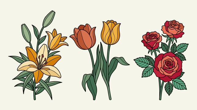 Illustrazione vettoriale di un set di fiori colorati che include gigli arancioni, tulipani gialli e rossi e rose rosse, disegnati in stile grafico con contorni neri su sfondo chiaro.