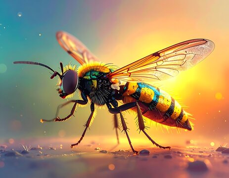 A colorful bee with yellow and blue stripes standing on a surface