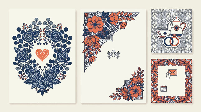Set di biglietti d'auguri decorativi con motivi floreali eleganti, illustrazioni di cuori, teiere e icone di corrispondenza in stile grafico vintage su sfondo color crema.