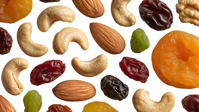 Assorted trail mix with nuts and dried fruits isolated on transparent background