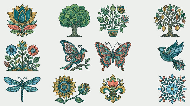 Set di icone decorative in stile folk art con elementi naturali come fiori stilizzati, alberi, farfalle, libellule e uccelli su sfondo neutro, ideali per design grafici e decorazioni.