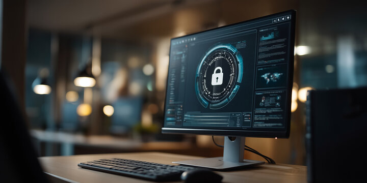 High tech computer screen displaying data privacy and security features in modern office environment